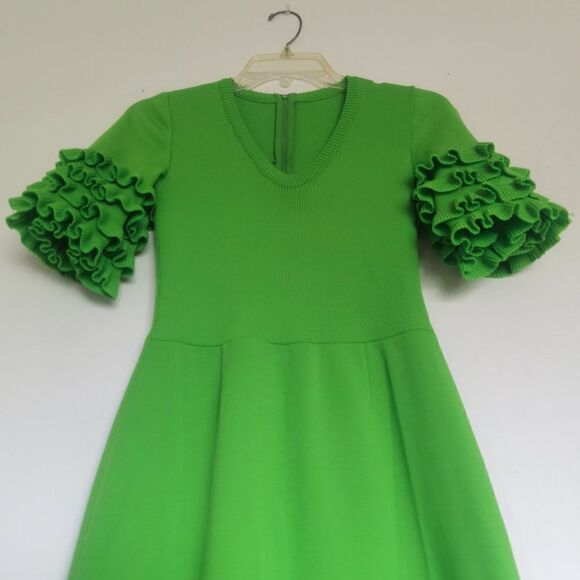 Rare Designer Vintage 70sΒ Dressβin Neon Lime Green Maxi Ruffle PuffβSleeves - Picture 4 of 8
